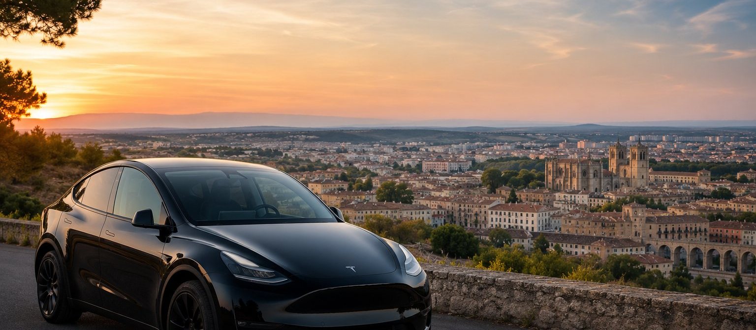 Tesla Model Y noire AZED VTC devant Montpellier au coucher de soleil