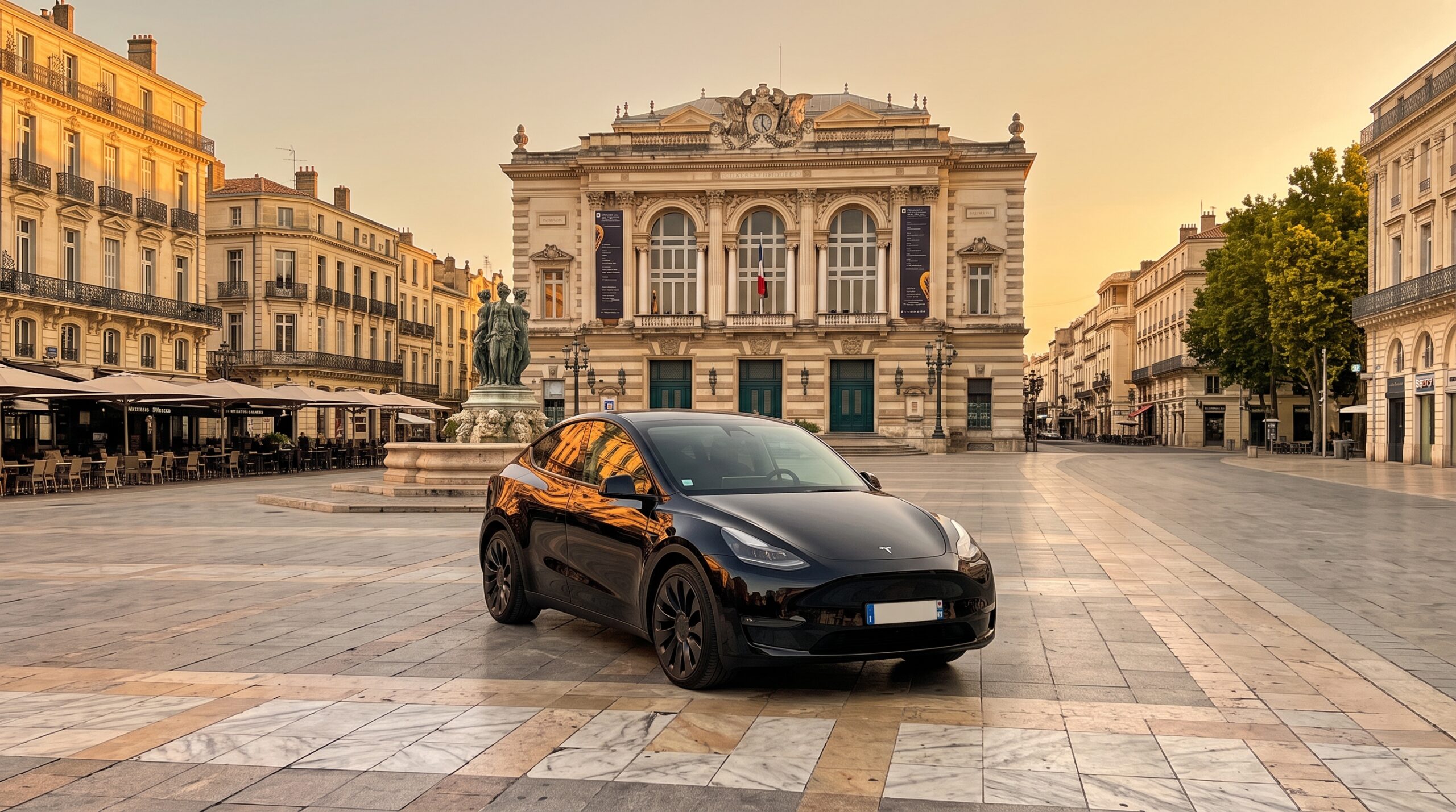 Tesla Model Y noire AZED VTC devant Montpellier au coucher de soleil